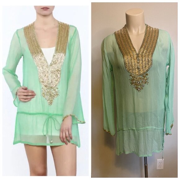 Kareena's Tops - Kareena's mint tunic embroidered with gold jewels